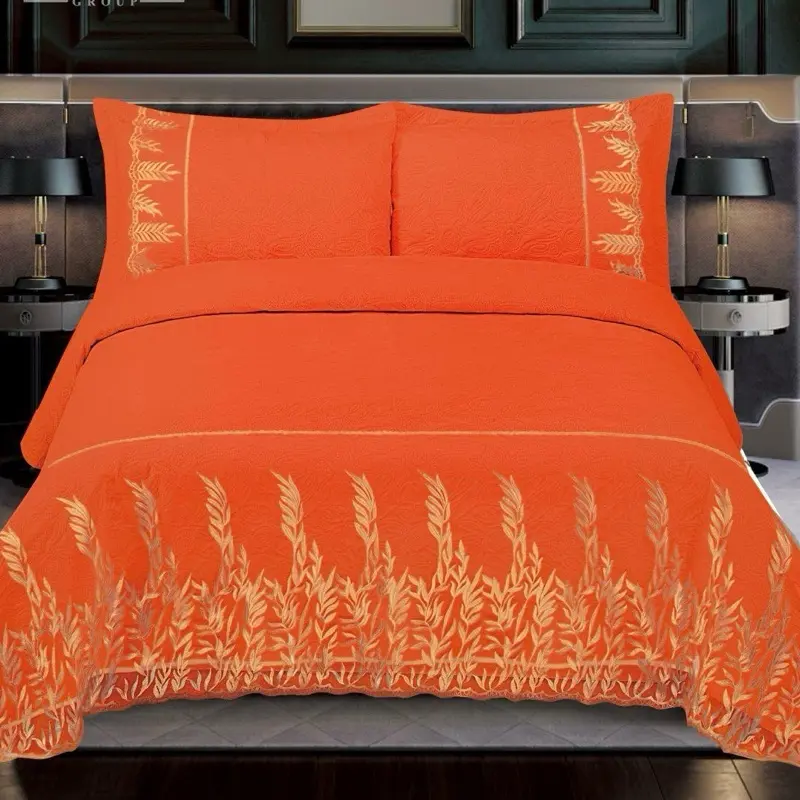 Velvet Bedspread Set of 4 Pieces with Elegant Wheat Embroidery for Cozy Bedroom Decor