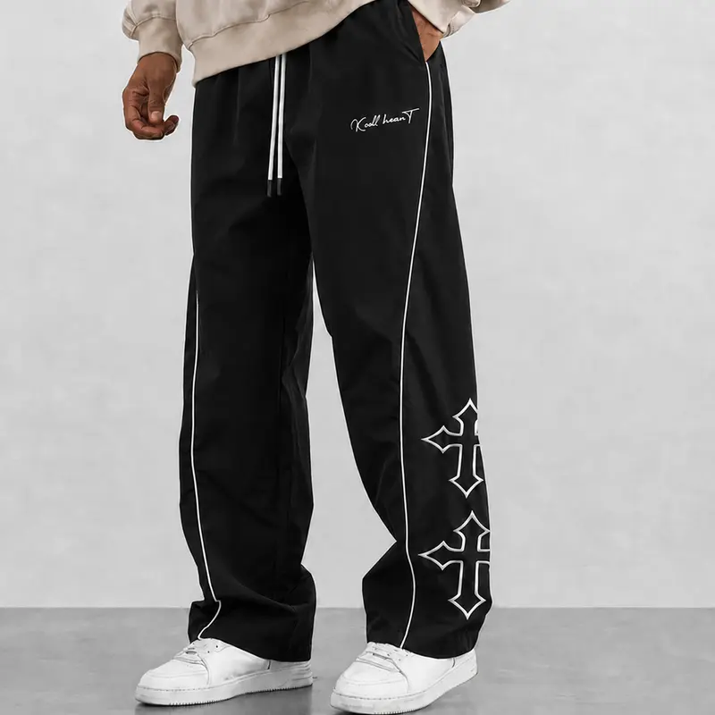 Men's Baggy Wide Leg Track Pants - Retro Male Graphic Clothing with Cross Graphics, Contrast Piping, Adjustable Drawstring Waist, Functional Side Pockets, All-Seasons Comfy Streetwear