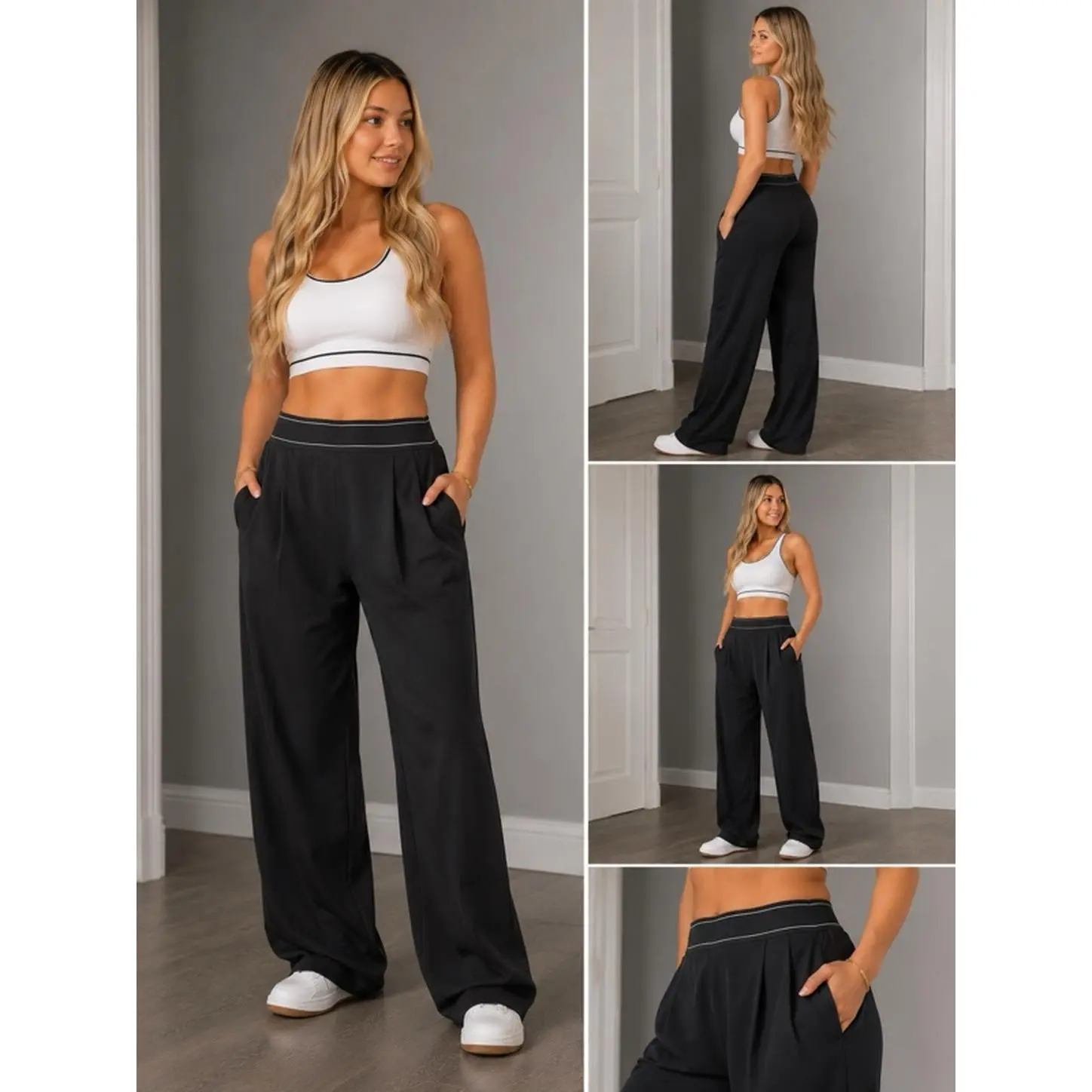 Black Blue Navy Brown Grey Green Xs S M L XL Women's Comfortable Wide Leg Pants