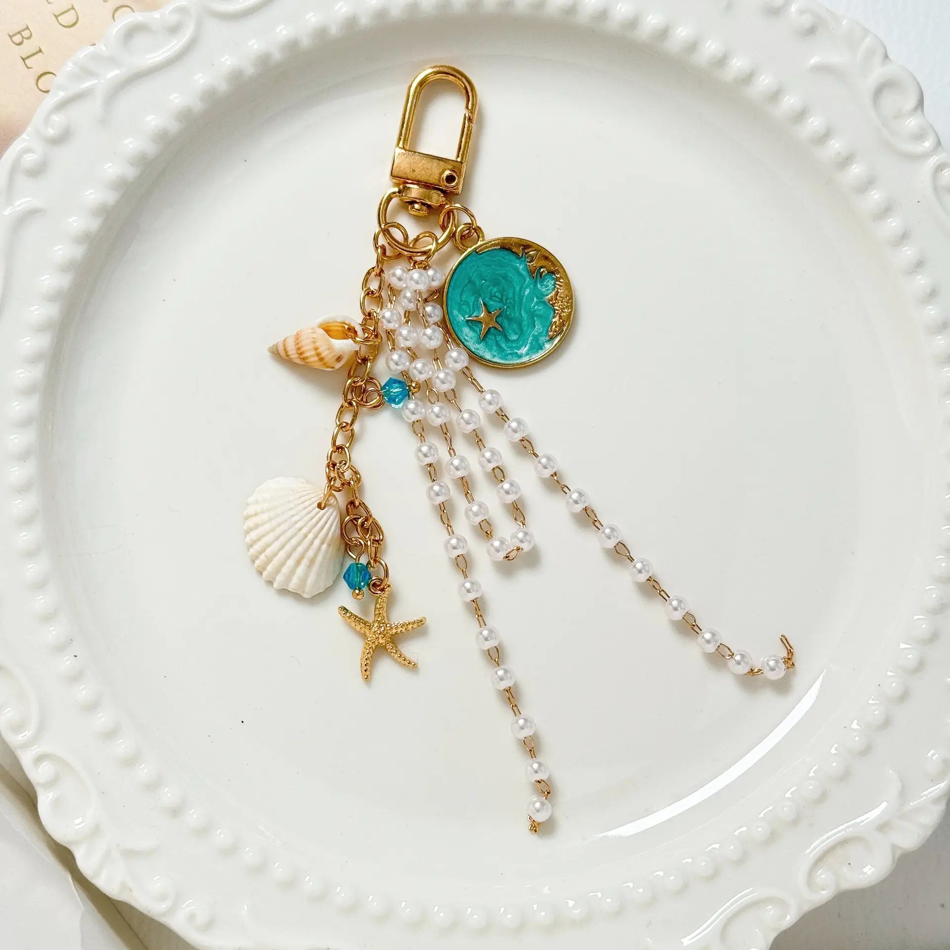 Ocean Beach Keychain Bag Charm, Pearl Tassel Seashell Starfish Pendant, Teal Wave Enamel Metal Clip On Hanging Ornament, Summer Coastal Accessory For Backpack Purse Airpods Case