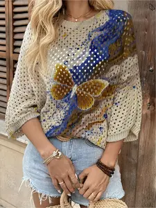 Spring/Summer style, crew neck hollow-out loose batwing raglan sleeve cover-up, color-block butterfly tie-dye print women's knitted top, vacation style, casual and elegant for commute, women's vest cover-up, bikini cover-up, Bohemian vacation style beach