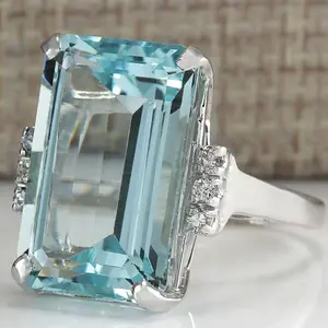 Sea Blue - Cut sea blue rings with rhinestones - Silver - Tone statement of ladies' jewelry