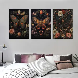 3 Pieces Wooden Frame Canvas Print Gothic Moths Butterflies Dark Floral Decorative Wall Art for Home Nordic Style Insects Cottage Centerpiece Gift