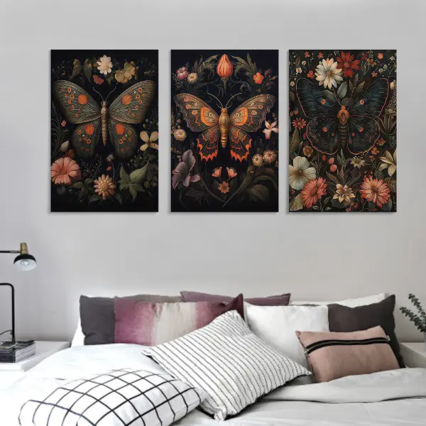3-Piece 16"x24" Non-Toxic Eco-Friendly Wooden Frame Artistic Print - Gothic Insects & Flowers, Nordic Style Cottage Home Decor Hanging Gift