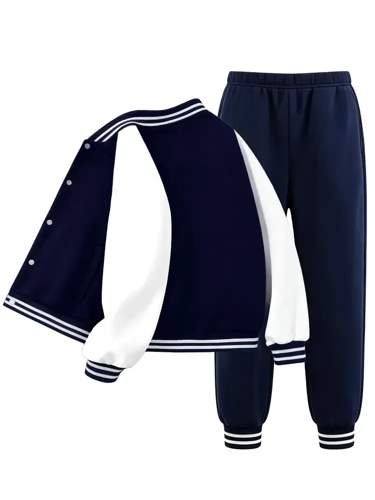 Boys' 2-Piece Varsity Tracksuit Set, Polyester Contrast Color Jacket and Striped Jogger Pants for Daily Outdoor Wear, Polyester Fits, Striped Pants, Daily Wear, Kids Outdoor Play, All Season, Daily Sportswear