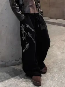 Unisex Gothic Sword & Cross Print Drawstring Wide Leg Sweatpants | Y2K Dark Religious Aesthetic High Street Streetwear