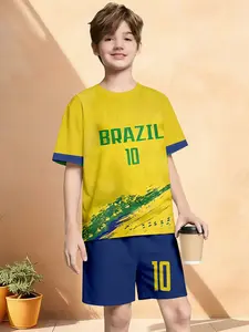 Brazil Team No. 10 Kids Set, Summer Boys Blue Colorblock Football T-Shirt Shorts Two-Piece, Casual Sports