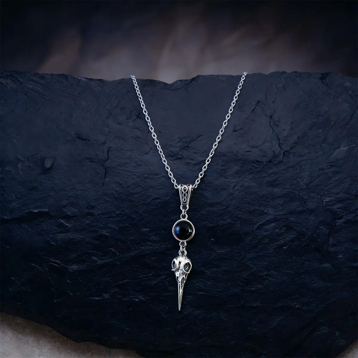 Gothic Raven Skull Necklace with Black Onyx Stone, Vintage Silver Bird Skull Pendant, Dark Fantasy Alternative Jewelry for Women and Men