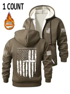 Men's Warm Fleece Lined Zipper Jacket, Flag Print Design, Graphic Hoodies, Casual Hooded Sweatshirt, Fashionable Thermal Outerwear, Casual Style, Fall & Winter Wear, Hoodie