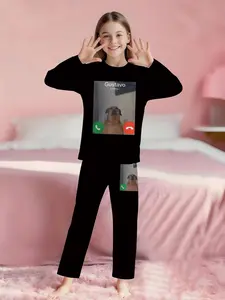 Fun incoming call prints on black background, personality 2-piece set: girls' digital printed long-sleeved pajamas with long pants, made of flame-retardant fabric. A fashionable, trendy, casual, comfortable and soft pajama set, suitable for sleeping