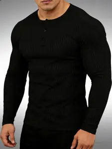 Men's Spring & Fall Round Neck Henry Shirt Pure Color Long Sleeve Fitted T-Shirt Top, Casual Fashion Clothing for Daily Wear, Menswear, Classic