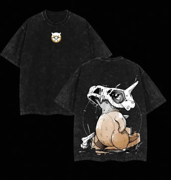 Cubone Graphic T-Shirt Vintage Acid Wash Oversized Anime Tee Streetwear