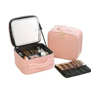 Internet Celebrity LED Makeup Case with Light and Mirror, Portable LED Makeup Bag with Large Capacity, Multifunctional Cosmetic Storage Organizer for Travel and Daily Use, Adjustable Light Makeup Box
