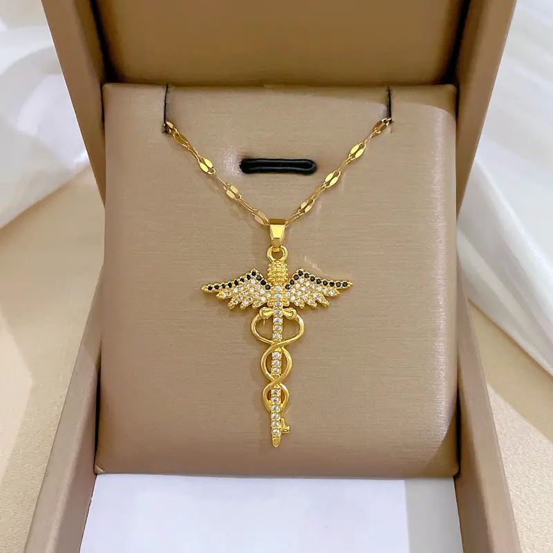 Unisex Stainless Steel Angel Wing Caduceus Chain & Link Necklace, Long Solid CZ-Embedded Symbolic Magic Wand Pendant, Movie-Inspired Female Costume Jewelry