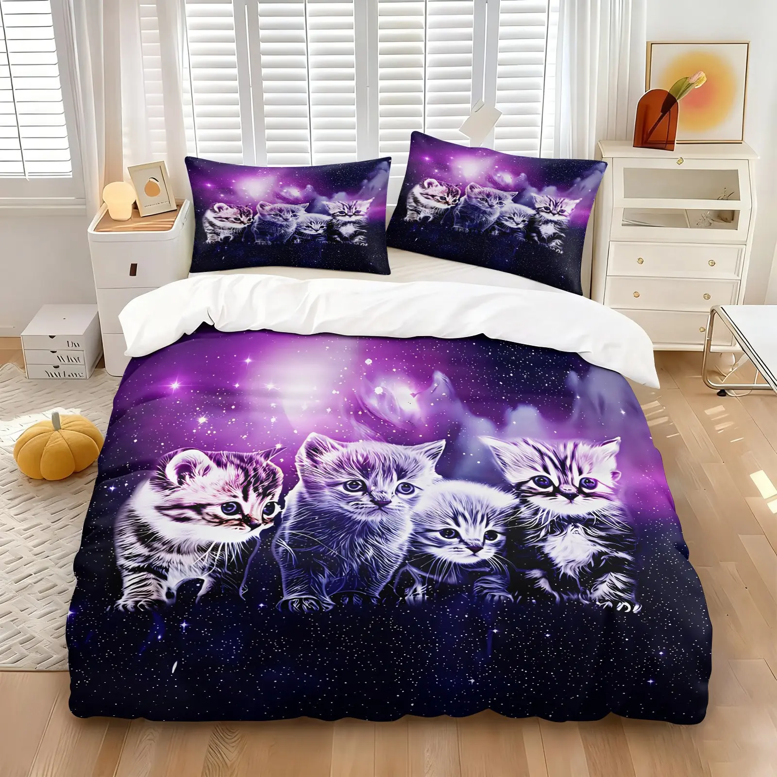 2/3 Pcs Galaxy Kittens Print Duvet Cover Set, Cute Purple Starry Cat Themed Bedding Set, Soft Microfiber with Zipper Closure, Digital Print, No Filling, Ideal for Cat Lovers Bedroom & All-Season Decor