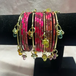 Vibrant Style Set: 12 Glass Bangles & 4 Gold- Kashmiri Tone Accent Pieces
