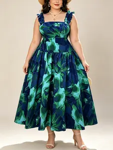Plus Size Women's Blue Tropical Floral Beach Halter Long Dress Elegance, Square Neck Ruffle Shoulder Straps, Casual Loose-Fit A-Line Skirt, Womenswear