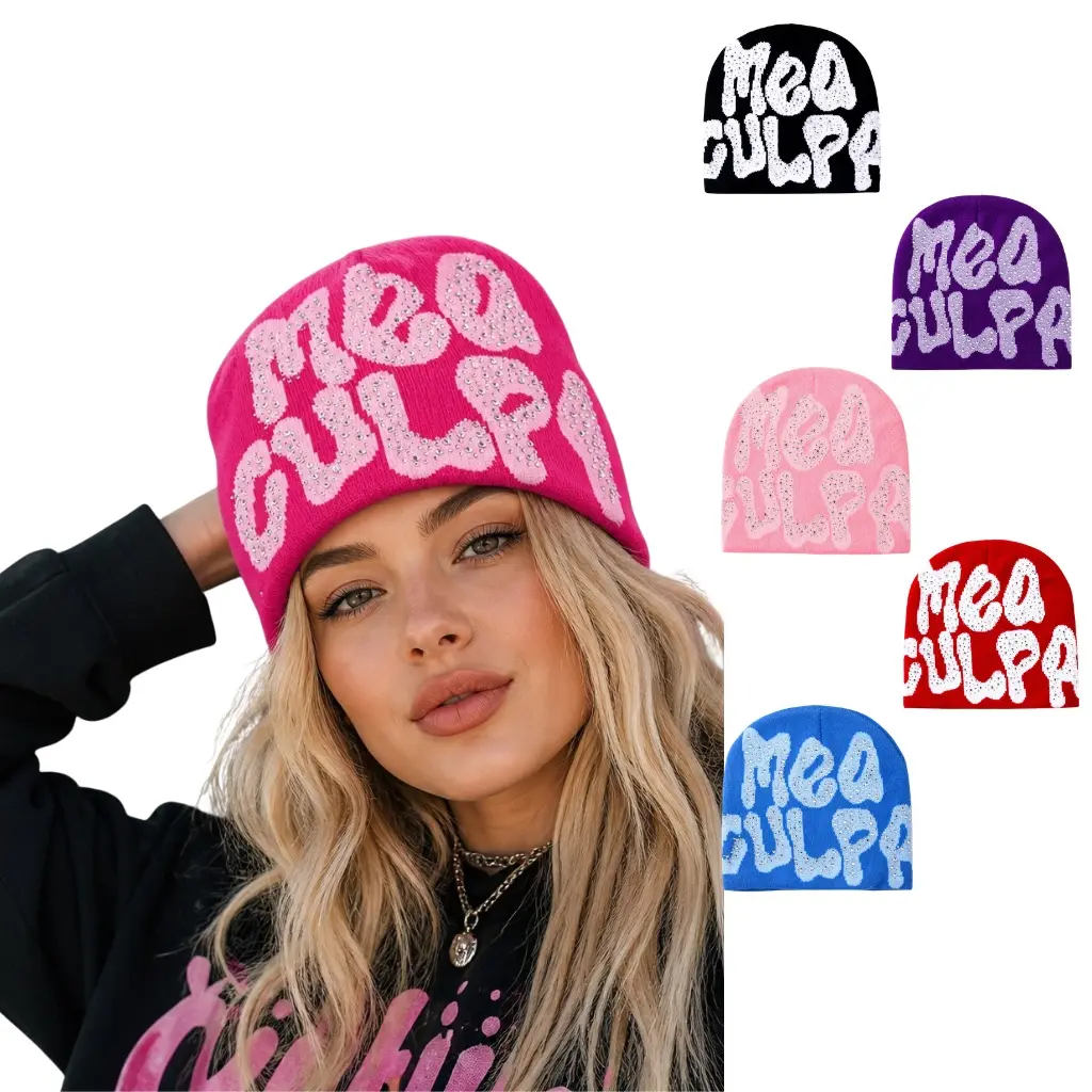 Mea Culpa Rhinestone Letter Print Knit Beanie, Sparkly Crystal Decor Slouchy Skull Cap, Soft Stretch Warm Winter Street‑Style Headwear, Multiple Colors Available
