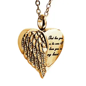 Angel Heart Wings Urn Necklace For Ashes Cremation Pendant Memorial Jewelry 316L Stainless Steel 22 Inch Chain Keepsake Urn Waterproof