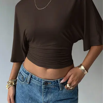 Danedvi Women's Half Sleeve Cropped Tee - Loose Fit Drop Shoulder Basic Top - View #8