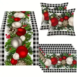 7-Piece Set & Buffalo Plaid Christmas Table Runner, Placemats, Pillow Covers, Farmhouse Winter Holiday Home Kitchen Decor