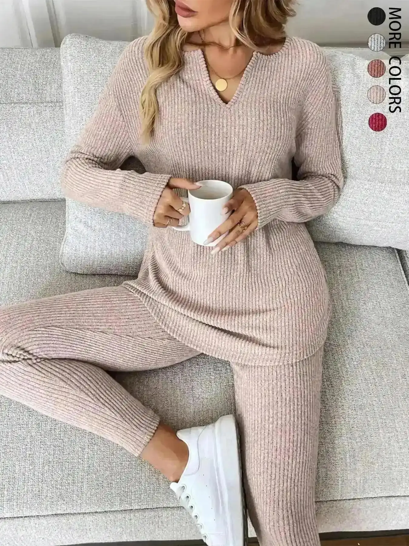 2026 Women's Plush Rib-Knit Long Sleeve T-Shirt & Leggings Two Piece Set Casual Comfortable Autumn Winter Loungewear Warm Lounge Suit Soft Athletic Wear, stylish design