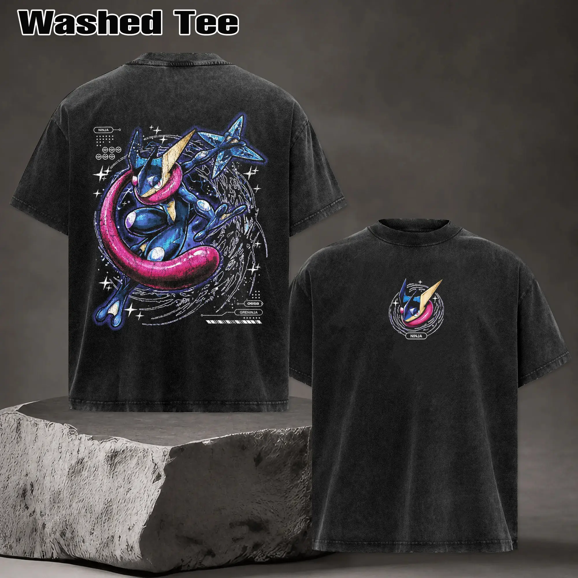 Greninja Graphic Anime Unisex Shirt Heavy Cotton Acid Washed Tee Oversized Vintage Anime Shirt Retro Streetwear Y2K Top Trendy Japanese Cartoon T-Shirt For Men Women Flat 2D Print Casual Gaming Apparel TikTok Shop Viral Fashion Graphic Tees For Summer