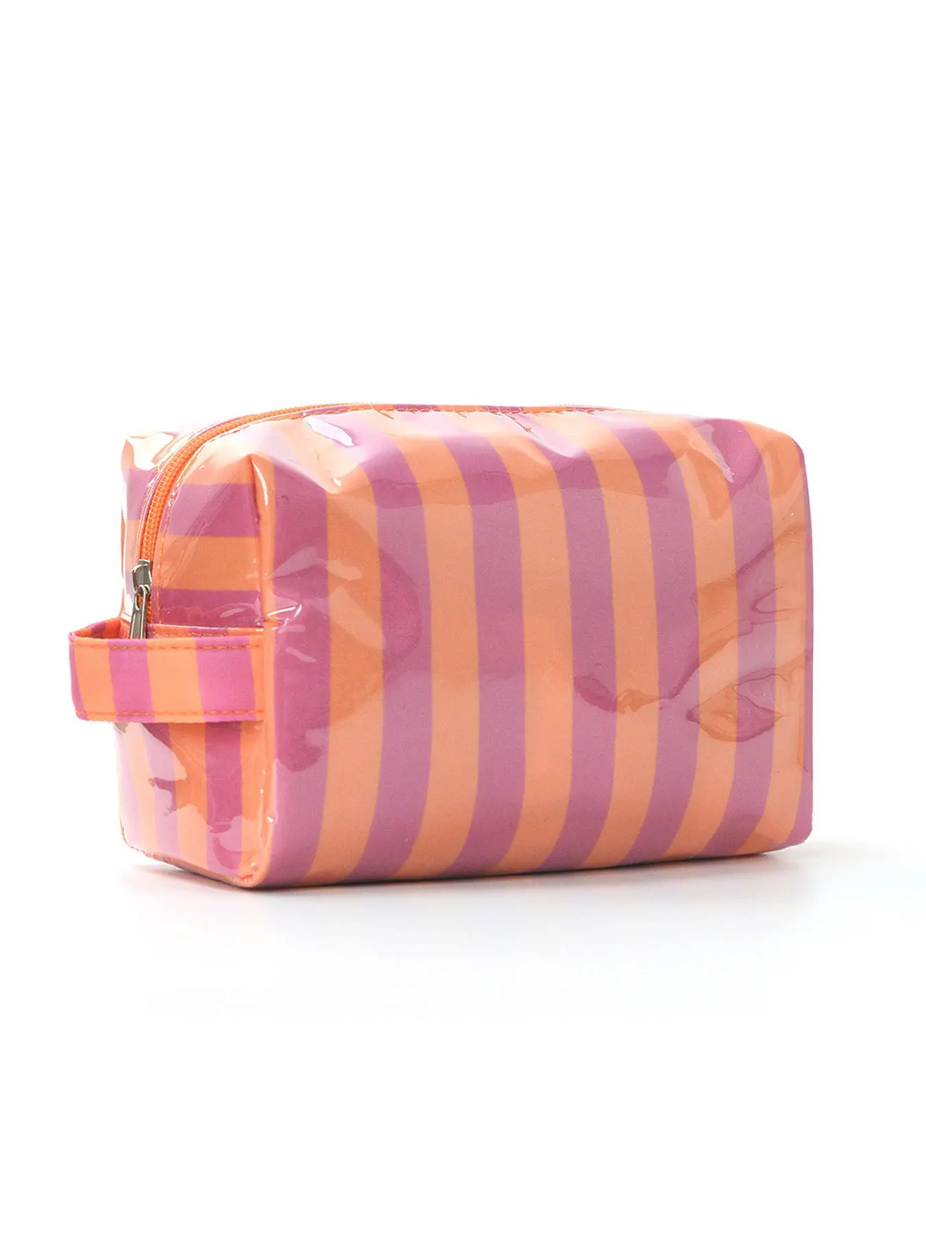 Orange & Purple Stripe Glossy Makeup Bag, Waterproof PVC Cosmetic Pouch with Portable Handle, Versatile Travel Toiletry Bag for Women & Girls, Cute Aesthetic Beauty Storage Pouch, Makeup Organizer Pouch, Cosmetics Organizer, Travel Cosmetic Bags