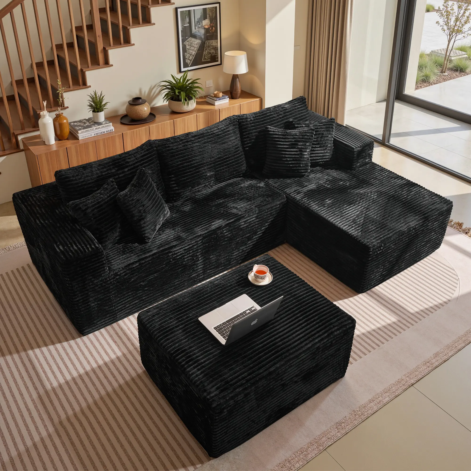 Black Corduroy Right Chaise With Ottoman