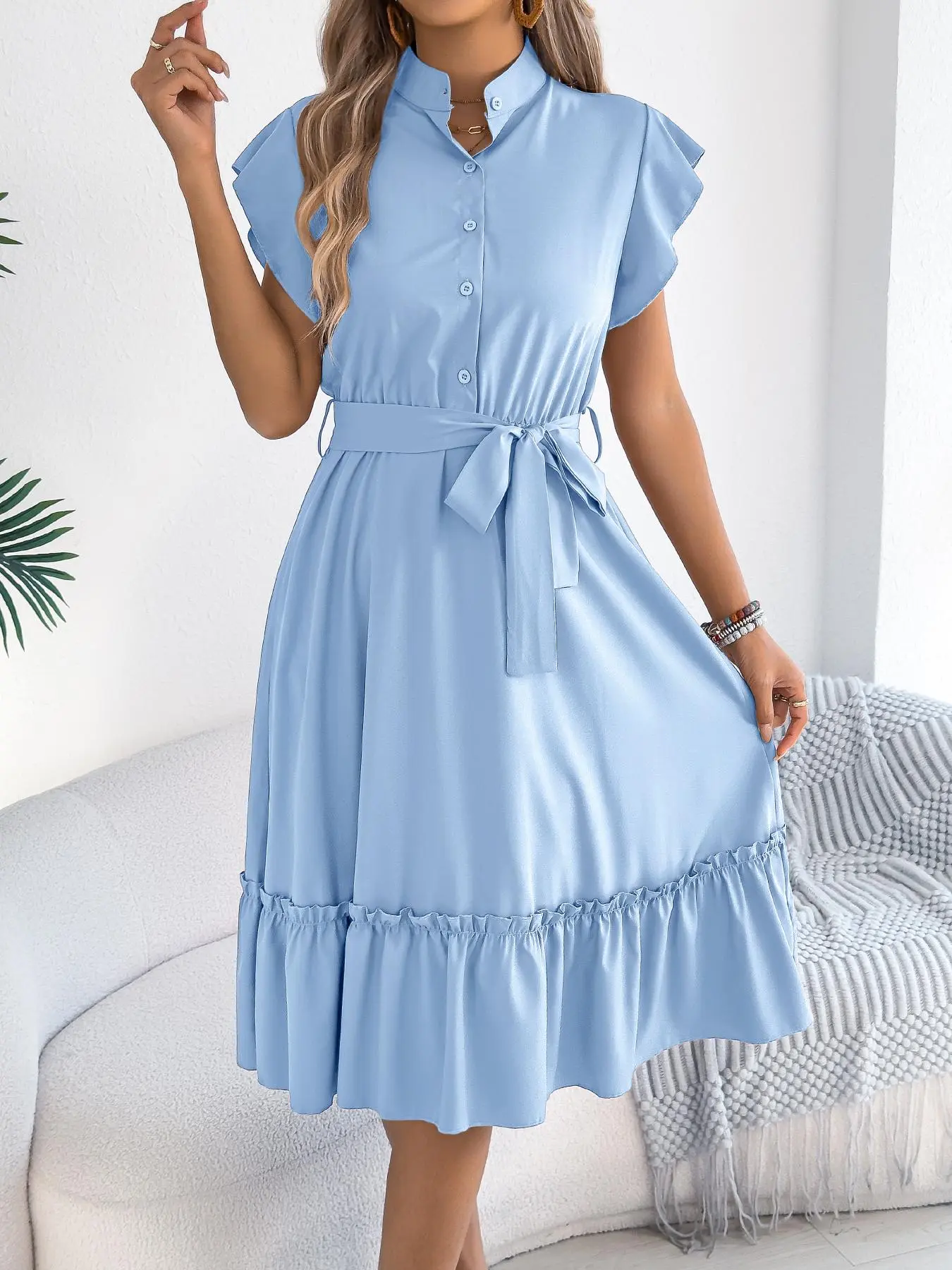 Women's Solid Color Belted Ruffle Trim Dress, Casual Short Sleeve Collared  Dress for Summer, Ladies Clothes for Daily Wear, Shortsleeve Womenswear,  Casual Fashion Dress - TikTok Shop