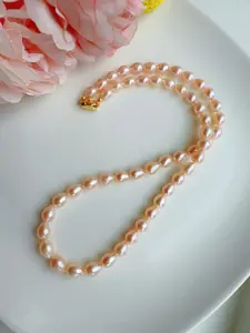 Piswency Elegant Freshwater Pearl Necklace and Bracelet, Real Pearl Necklack, Natural Peach Color Bracelet and Necklace Jewelry Set