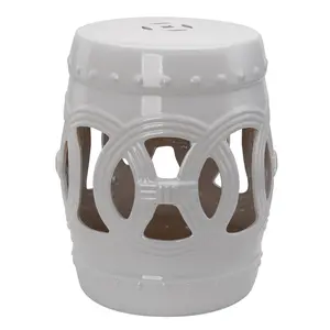 14" x 17" Ceramic Garden Stool with Double-Coin Knotted Ring Design – Glazed Decorative Outdoor Stool. Fired at 2,192°F. 300 lbs Capacity. White