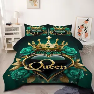Queen's Deep Green Luxurious 2/3pcs Comforter Set, Decorative Bedding Set, Gold Crown, Heart-Shaped Gemstone, Emerald Embellishments and Matching Rose Bedding Set, Comfortable Bedroom, 1 or 2 Pillowcase No Pillow Core