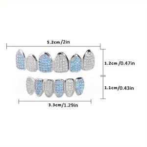 HipHop CZ Teeth Set For Unisex Blue Zircon Top Bottom Mouth Gold Silver Color Teeth Tooth Cap Removable Dental Fashion Jewelry Oral