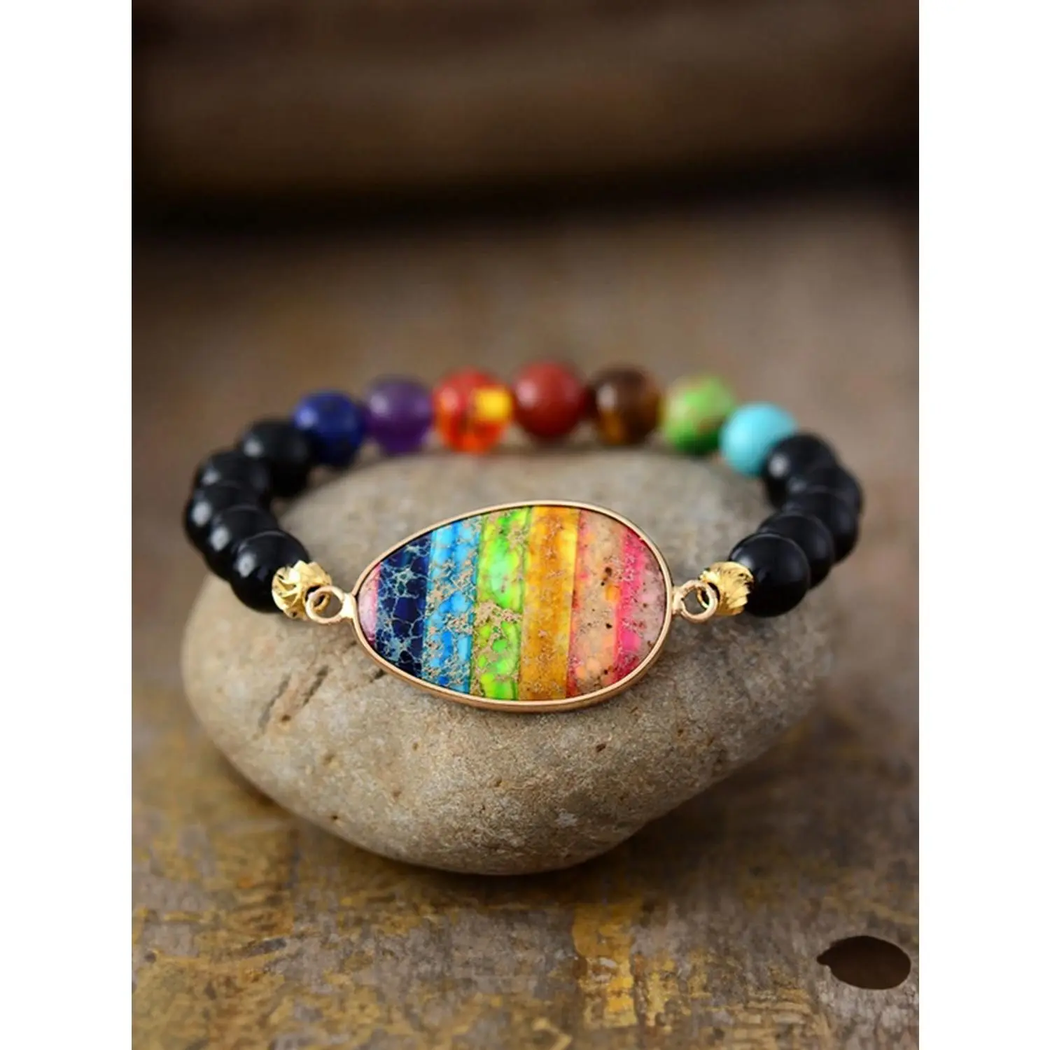 Color Multi Geometrical Shape Beaded Bracelet with Rainbow Design and Black Beads