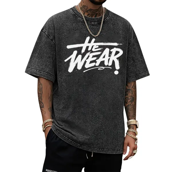 Men's Loose Fit Streetwear T-Shirt in Vintage Washed Cotton, Distressed Graffiti Print with Shortsleeve and Round Neck, Pure Cotton, Basic, Plain