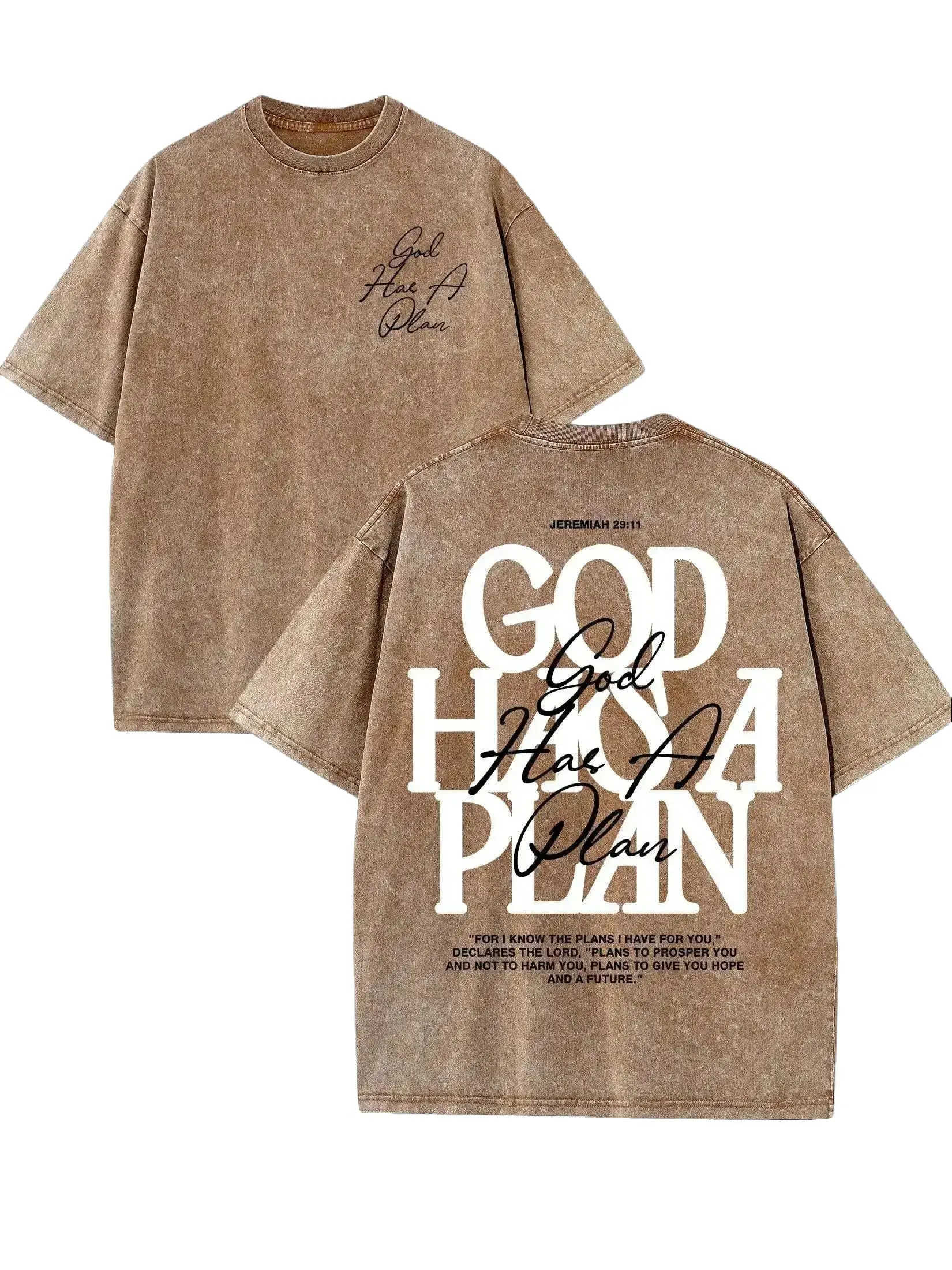 Men's 230gsm Heavyweight Cotton Tshirt - Unisex Vintage Washed Short-Sleeve Classic Christian "God Has a Plan" Double-Sided Print Top, Round Neck, Wide-Shoulder Oversized Ribbed Streetwear Fabric Clothes, Seamless