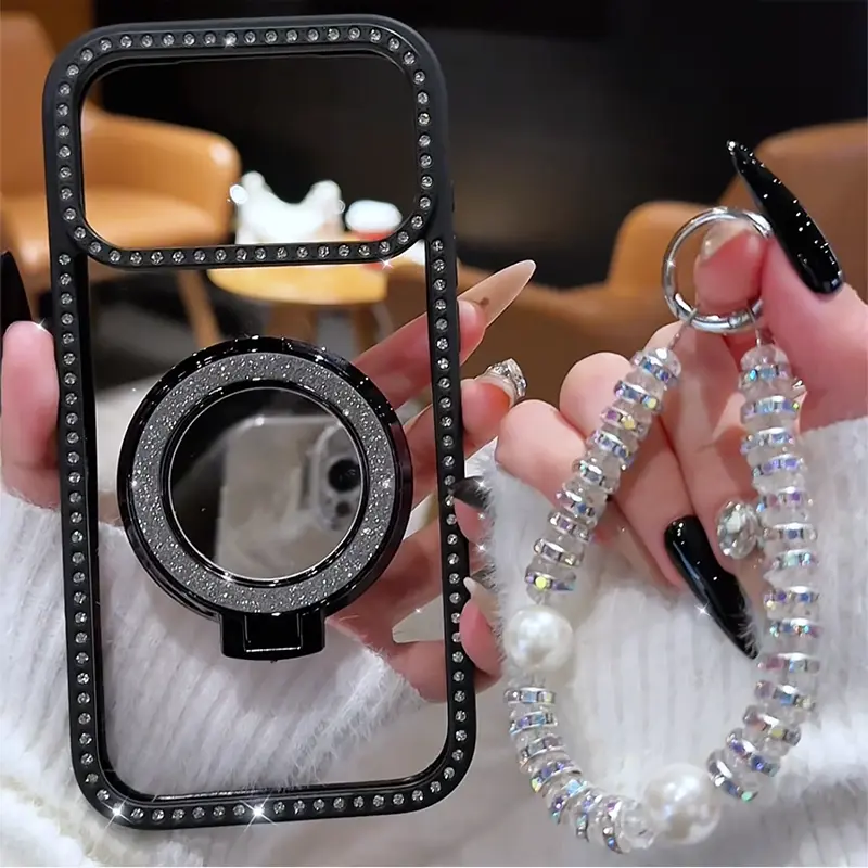 Phone Case with Mirror & Stand for iPhone 11/12/13/14/15/16/17 Pro Max,17Air,14/15/16 Plus. Features a dual-sided shiny frame design, high-definition transparent material, a rigid backplate, and full-body drop-resistant design.