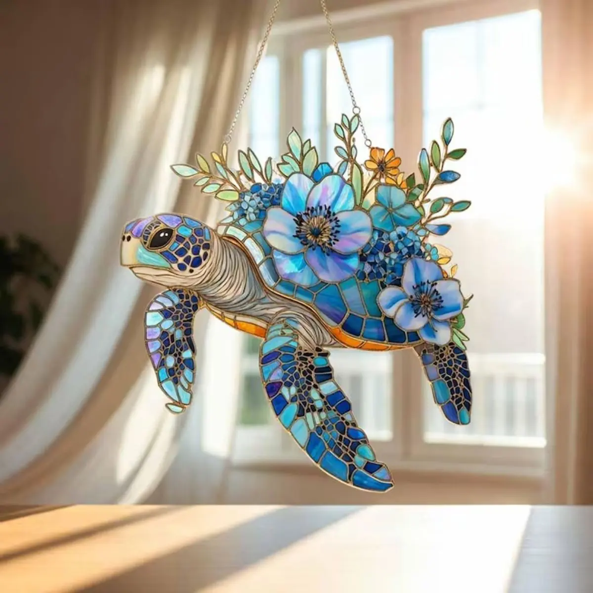 Sea Turtle Floral Suncatcher Window Hanging: Stained Glass Style Acrylic Ocean Animal Decoration Keepsake