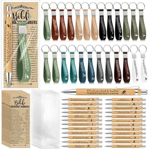 Feifeiya 25 Sets Father's Day Christian Gift Bulk Bible Verse Bamboo Pen Religious Silicone Keychain Scripture Bookmark Emergency Numbers Church Gift for Coworker Women Men (Classic Color, English)