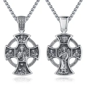 Saint Four Way Cross Necklace 925 Sterling Silver Pendant, Orthodox Christian Pendant Necklace Religious Jewelry, Archangel Figure Byzantine Style Cross, Protection Cross Amulet Gift