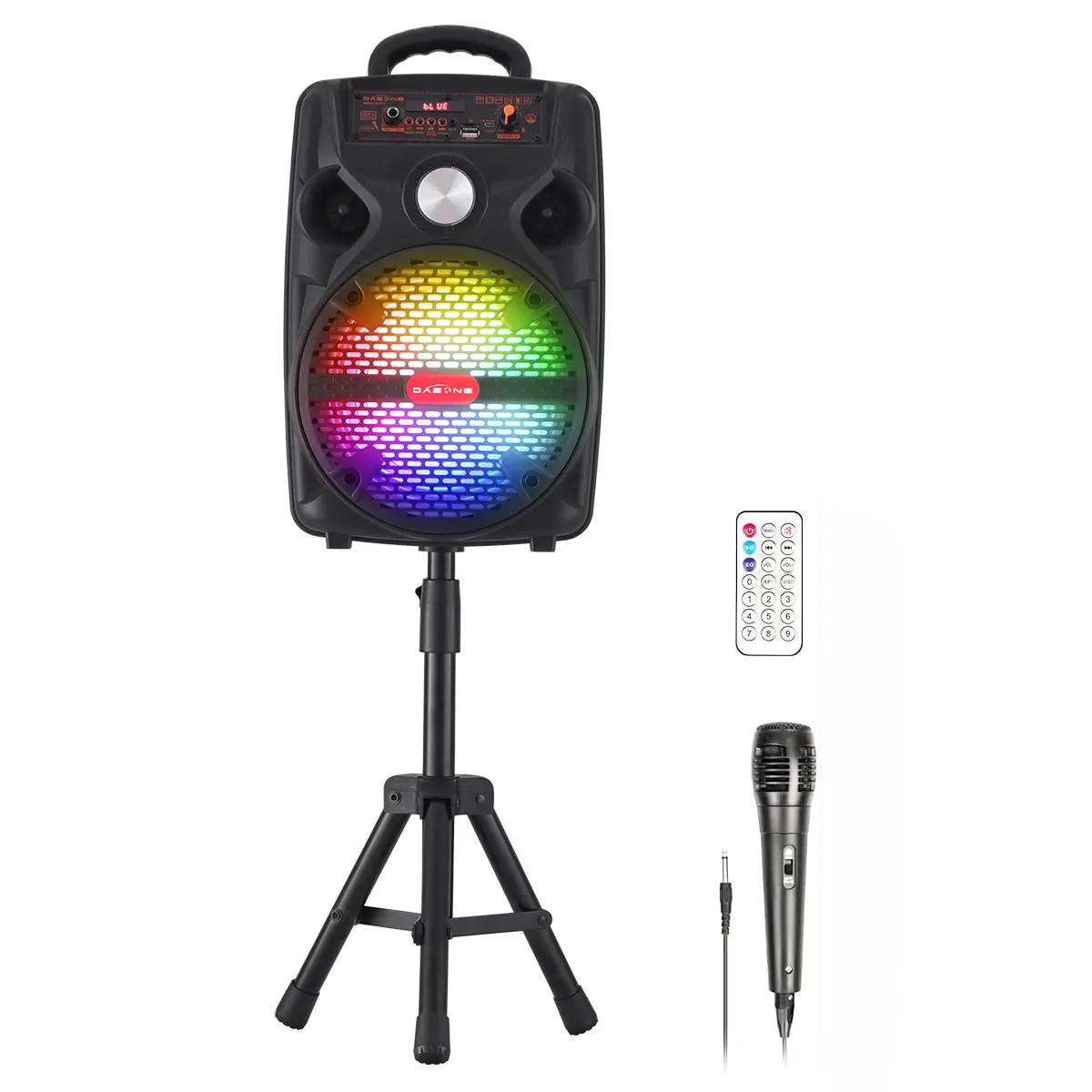 Portable Bluetooth Party Speaker, Loud Sound Deep Bass Wireless Boombox with Large 8" Subwoofer, Colorful Light, Microphone, Remote
