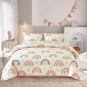 Lightweight Soft 3 Piece Rainbow Comforter Set with 2 Pillow Covers, Cartoon Love Hearts Flowers and Grass Bedding Set for Girls Kids, Twin Multi-Color