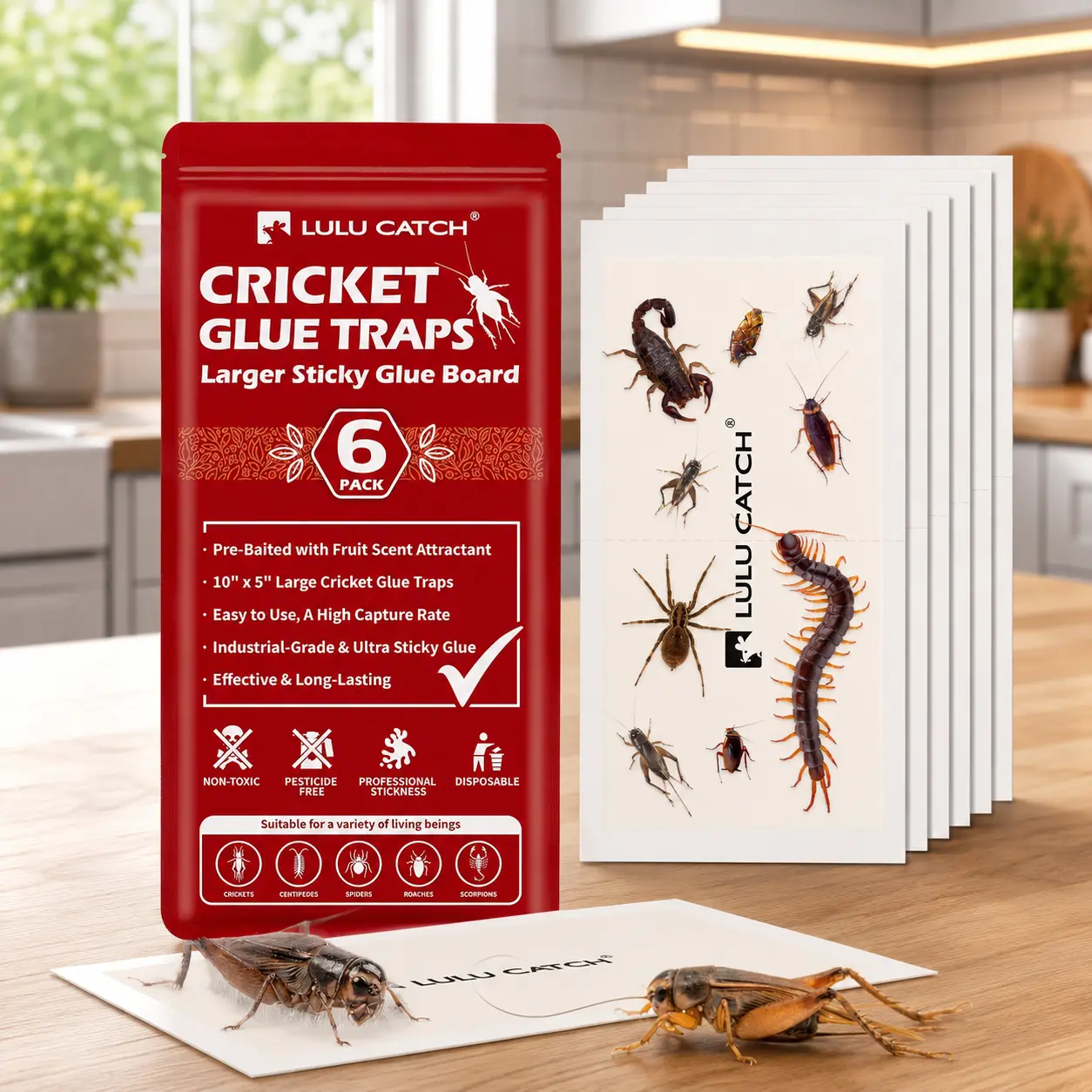LULUCATCH 6-Pack Cricket Insect Glue Traps - Pre-Baited Large Sticky Boards, Non-Toxic Pet-Safe Indoor Control for Cockroaches, Spiders, Easy to Use