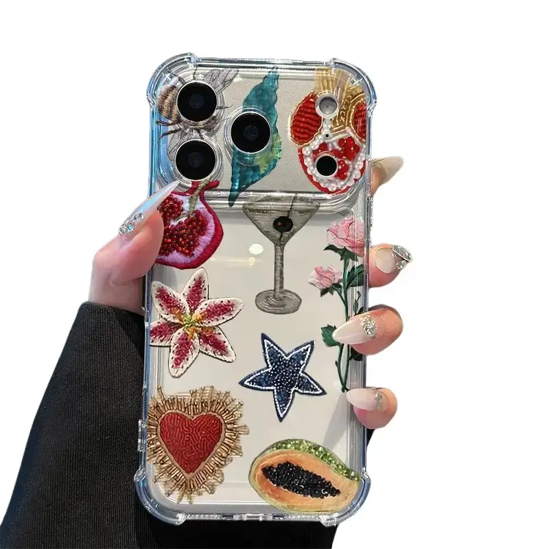 Luma Pomegranate Star Flower Design Transparent All-Inclusive Anti-Fall Phone Case, Phone Accessories for iPhone 17 Pro Max, 16 Plus, 15, 14, 13, 12, 11