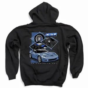 1320 Video C6 Corvette Z06 Hoodie – 1320Video Blue Muscle Car Graphic Pullover, Bold Racing Auto Streetwear Hoodie for Men, Gift for Car Lovers, Sport Sweatshirt, Hoodie, Comfort Colors