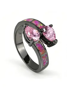 Pink Zirconia & Synthetic Opal Inlay Ring for Women Vintage Party Wedding Band Colorful Fire Opal Jewelry Birthday Gift for Her