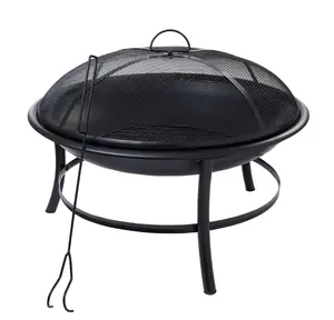 26" Round Iron Outdoor Wood Burning Fire Pit Black Durable Construction for Backyard Gatherings