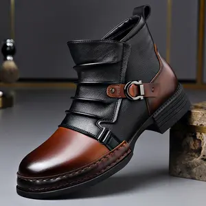 Men's Retro Two-Tone Work Boots Cowboy Boots Stylish Casual Comfortable Versatile Buckle Work Shoes High-Top Casual Ankle Boots
