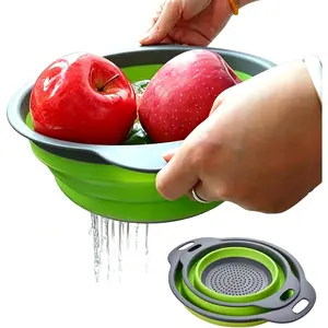 2 Pack Collapsible Silicone Colander with Handle, Over Sink Foldable Food Strainer, BPA-Free Space Saving Drain Basket for Vegetables, Fruits, Pasta, Kitchen & Camping (Green)